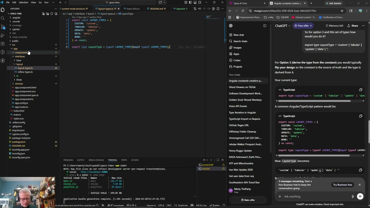 419 -ThreeJS and Angular Space And Time Application: Consts to Types Pattern