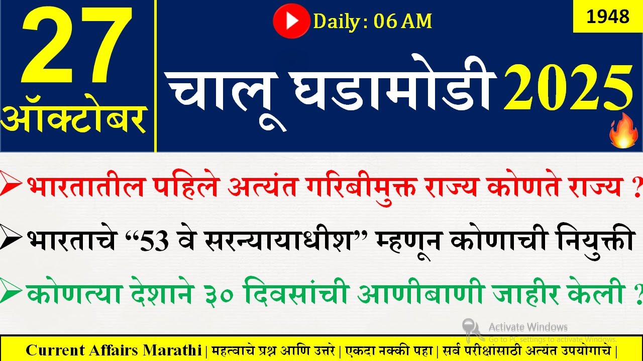 27 Oct 2025 | Daily Current Affairs 2025 | Current Affairs Today |Chalu Ghadamodi 2025 |Suhas Bhise