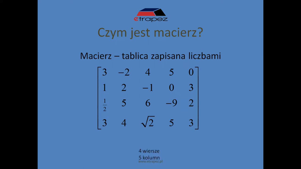 Wprowadzenie do macierzy: dodawanie, odejmowanie, mnożenie macierzy. Kurs Macierze eTrapez(Lekcja 1)