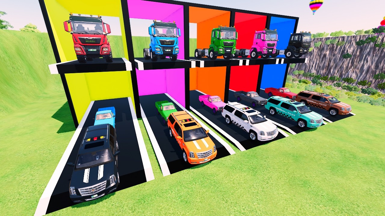 Garage with Colors – COLORFUL PICK UP FLEET Loaded on DOUBLE TRAILER TRUCK