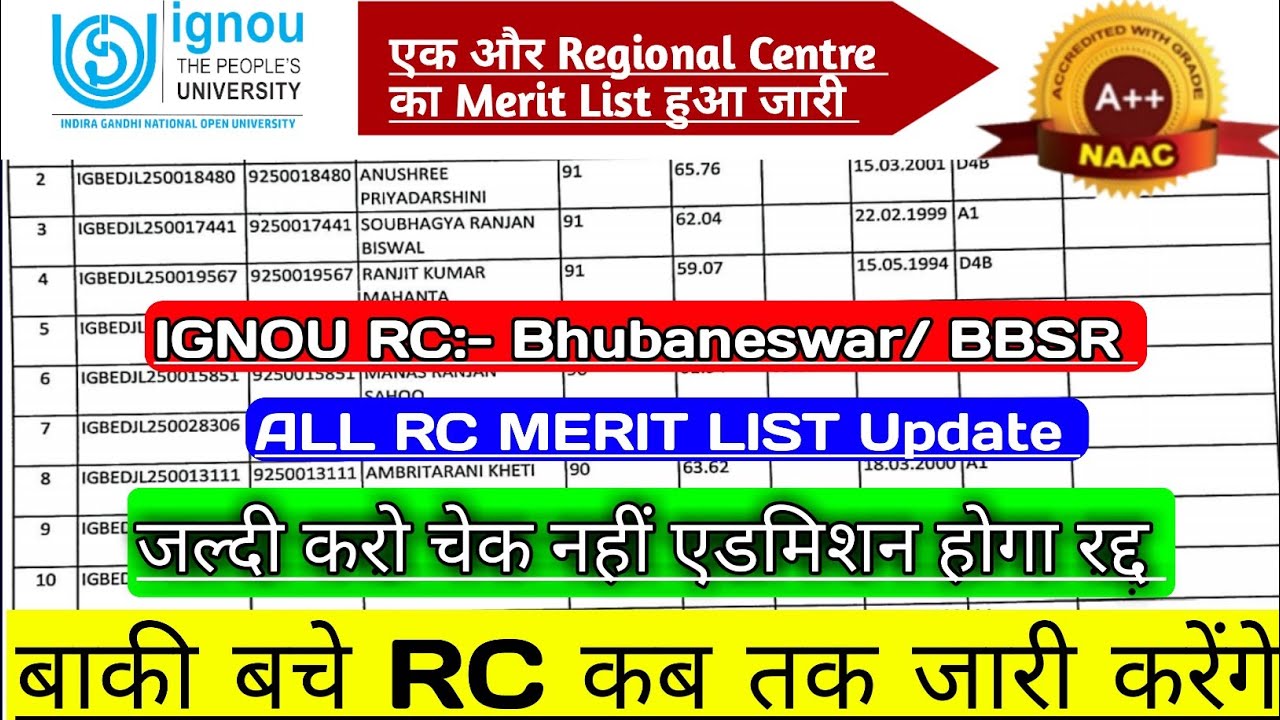 IGNOU BED 2025 MERIT LIST RC BHUBANESWAR || IGNOU B.Ed 2025 || ignou bed Cut off 2025