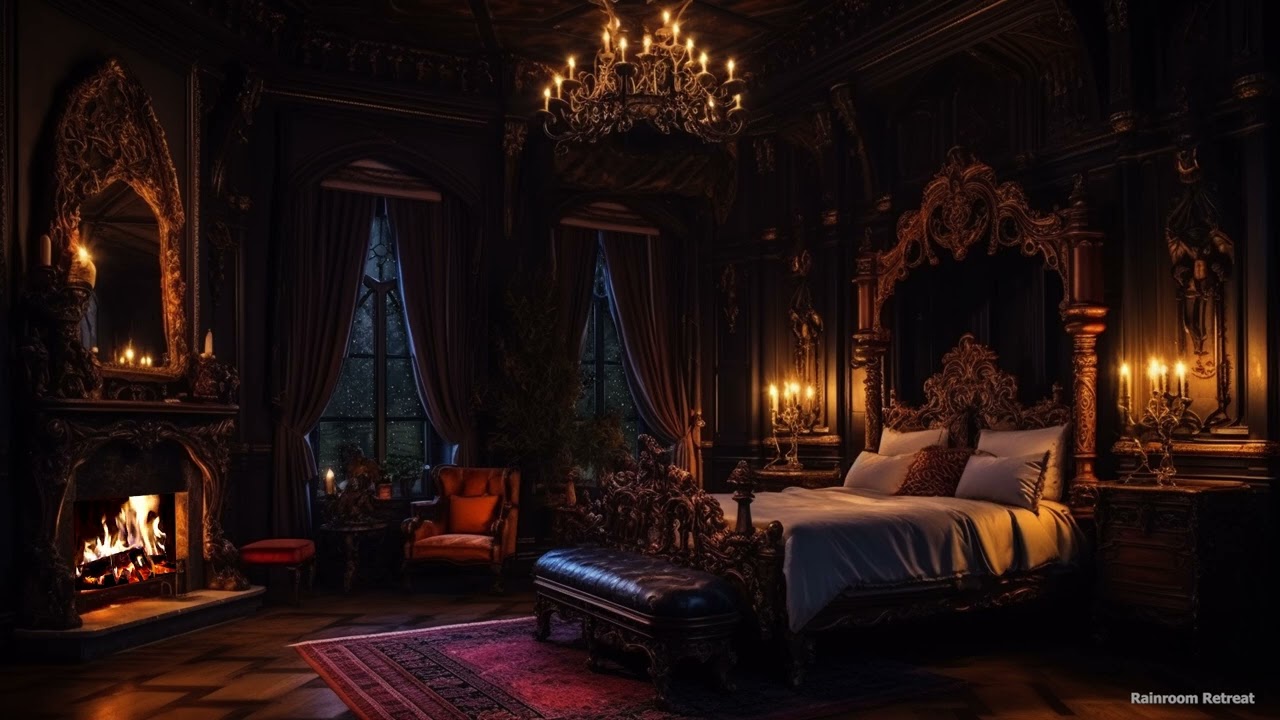 Gothic Victorian Rain & Fireplace Ambience | Romantic Candlelight & Rain Sounds for Sleep (3 Hours)