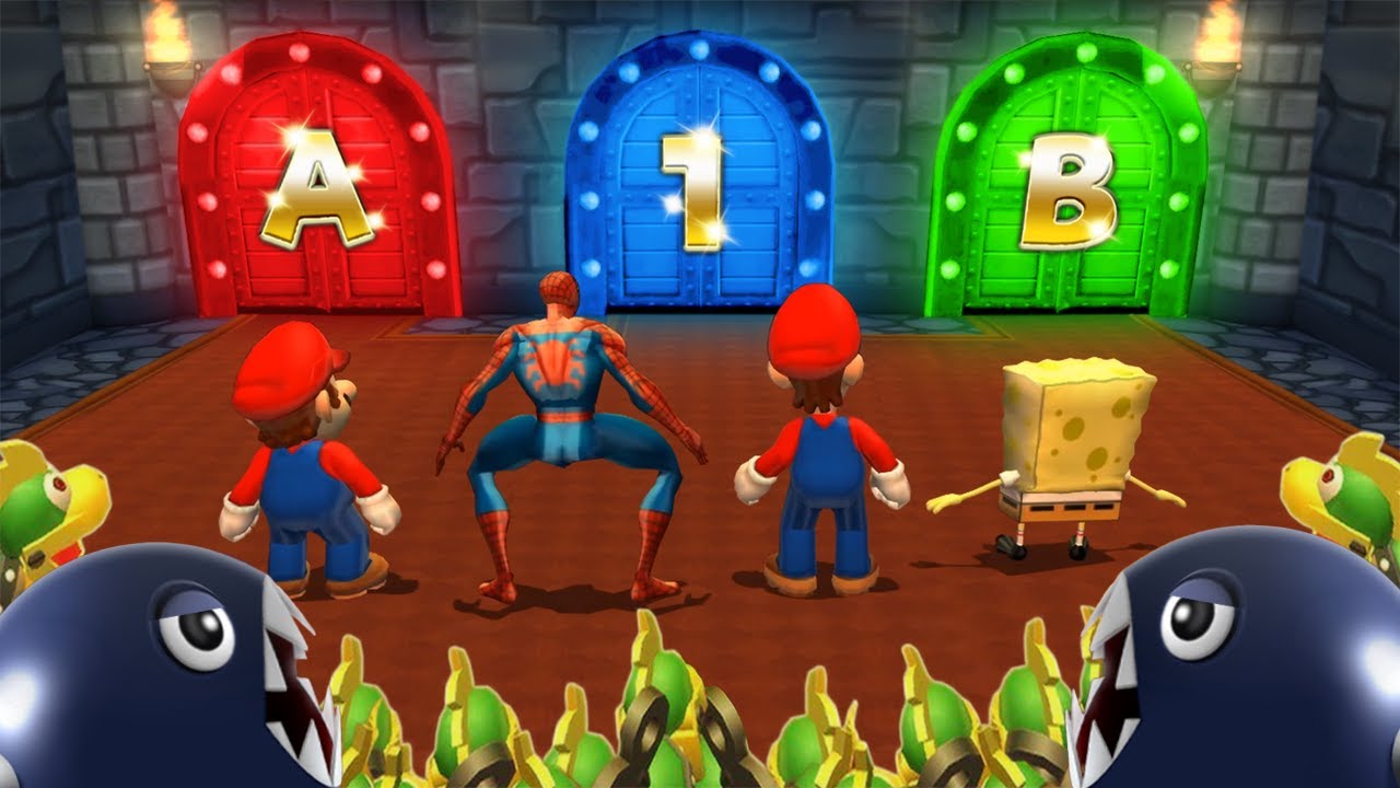 Mario Party 9 MInigames - Mario Vs Luigi Vs Spider Man Vs Spongebob (Master CPU)