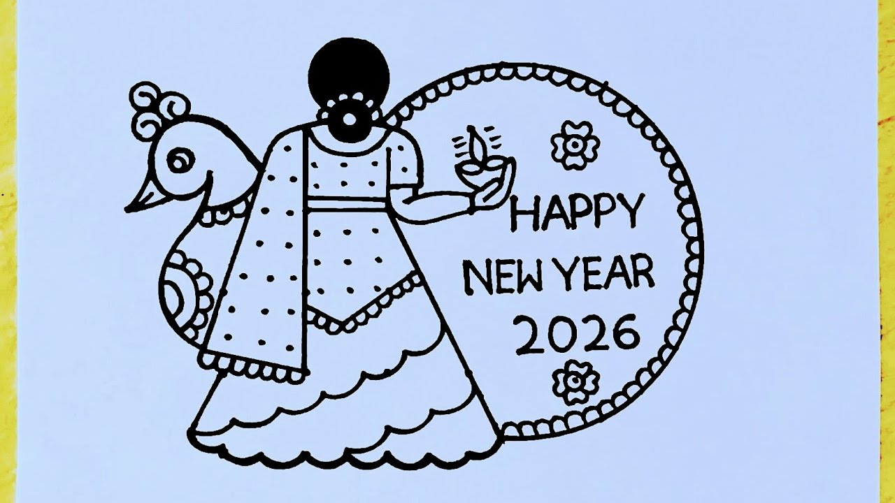 New year 2026 Drawing from 4×5 dots easy // Easy Traditional Girl drawing // New year Rangoli Easy
