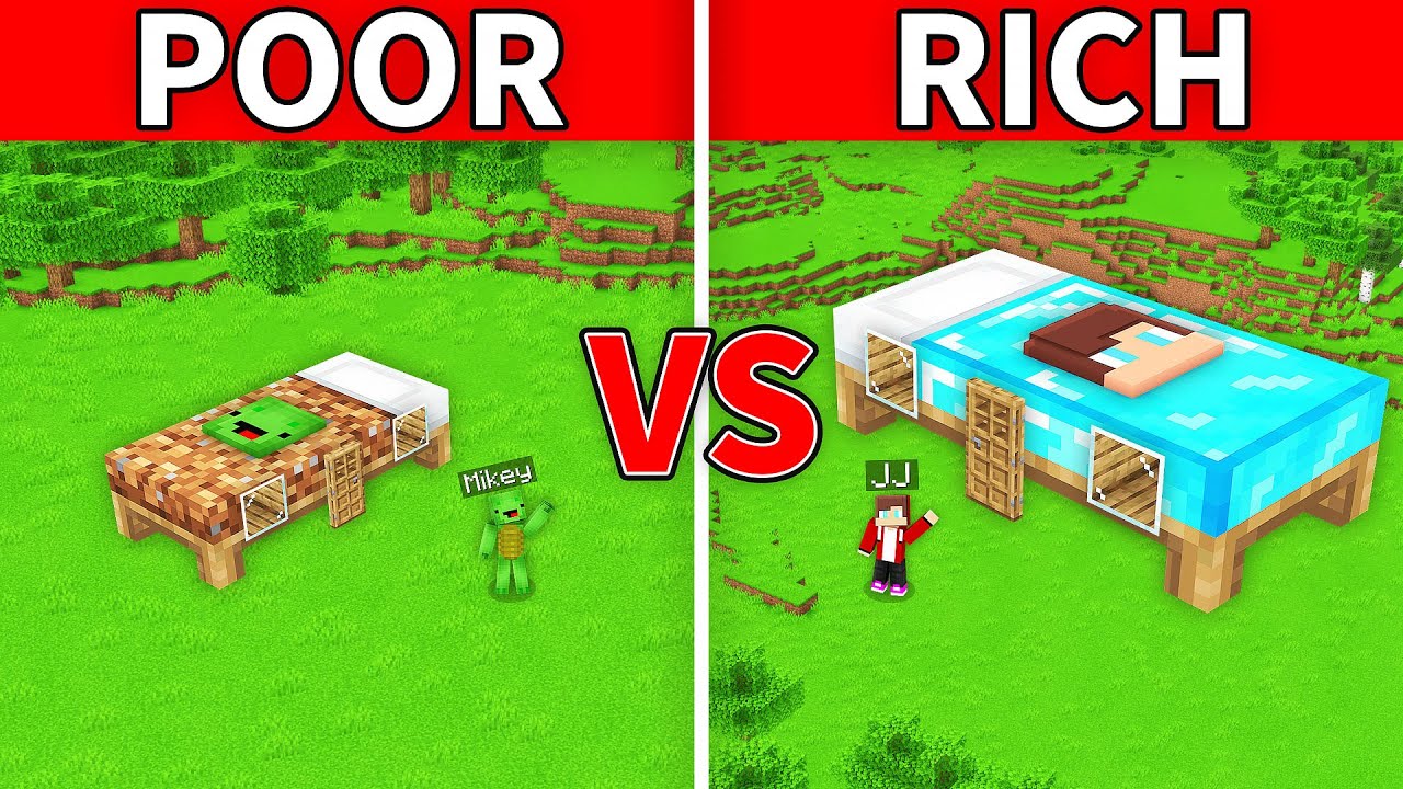 Mikey Family POOR vs JJ Family RICH Bed House in Minecraft (Maizen)