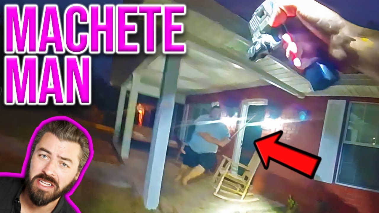 Madman Chases Cop With Giant Machete!