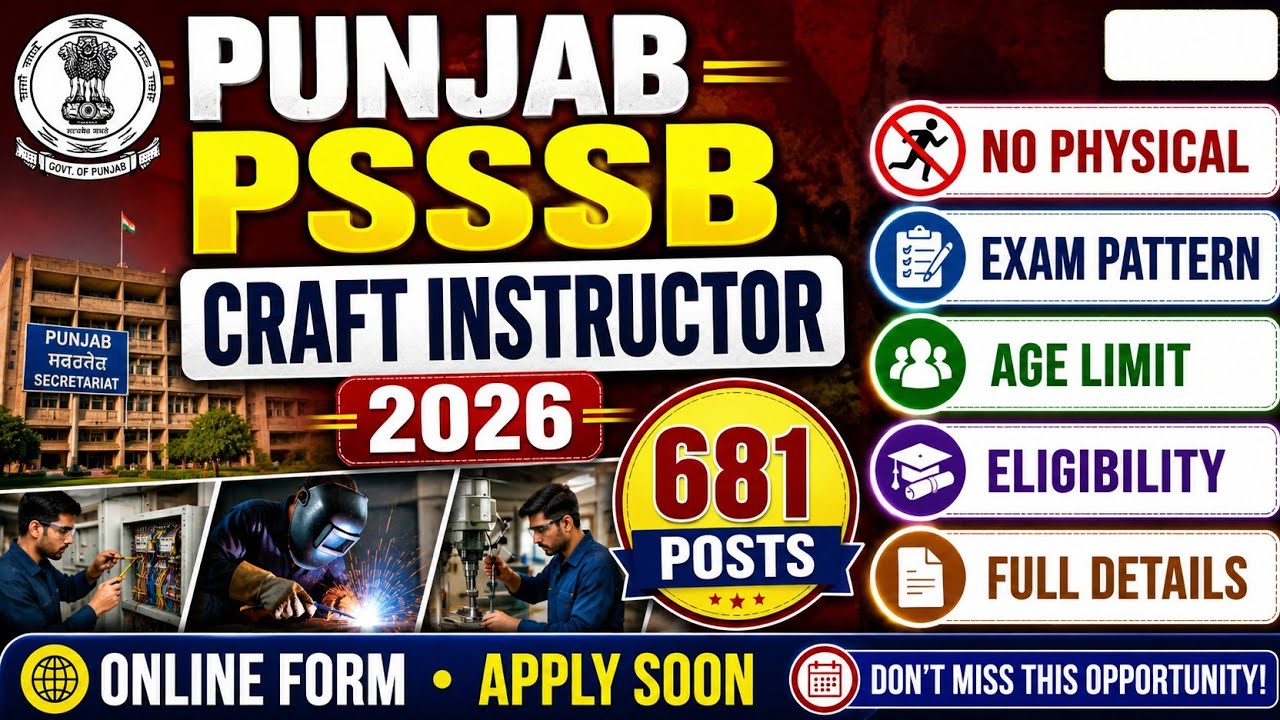 PSSSB Craft Instructor Vacancy 2026 | Apply Online | Age Limit | Qualification | Punjab Jobs