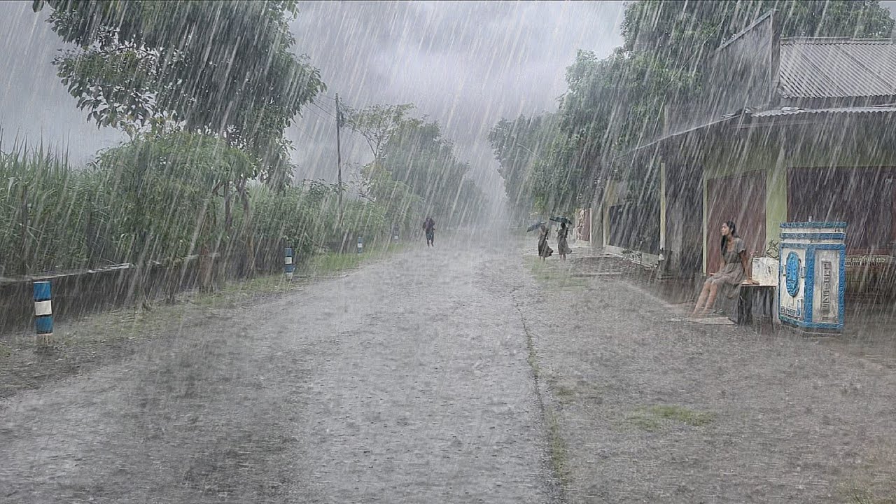 the biggest rainstorm in history in the village, very calm, heavy rain and lightning in the village