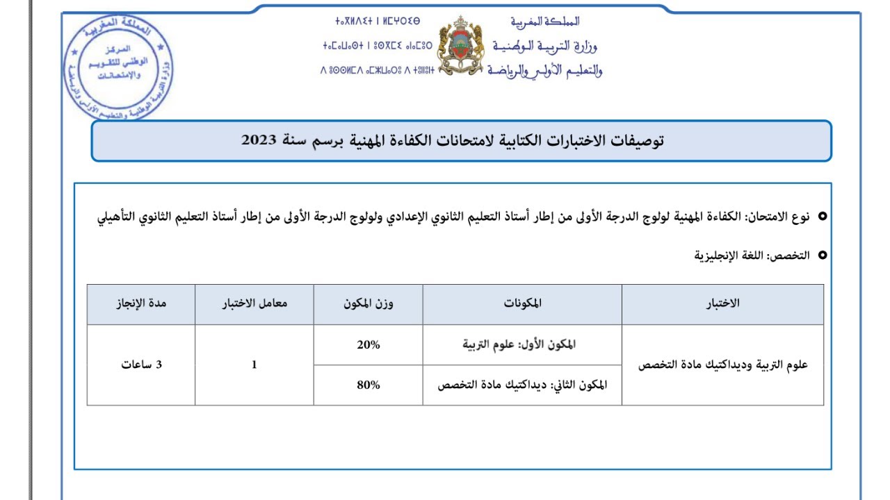 توصيف امتحان الكفاءة المهنية 2024 ولقاء تكويني 1