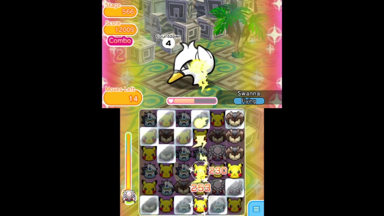 Pokemon Shuffle 3DS - Stage 566 Swanna S Rank ITEMLESS