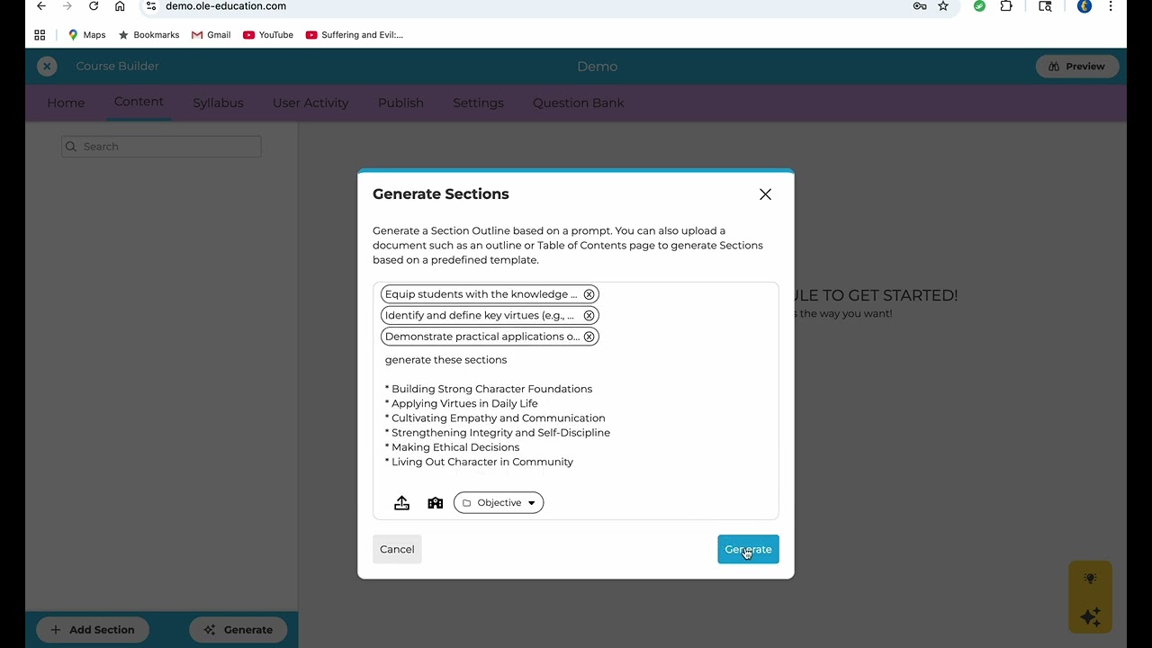 Creating sections using AI
