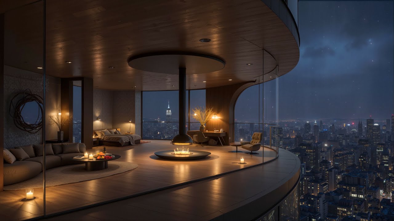 4K Penthouse Nights in New York 🕯️ Jazz, Fireplace & Stunning Skyline View