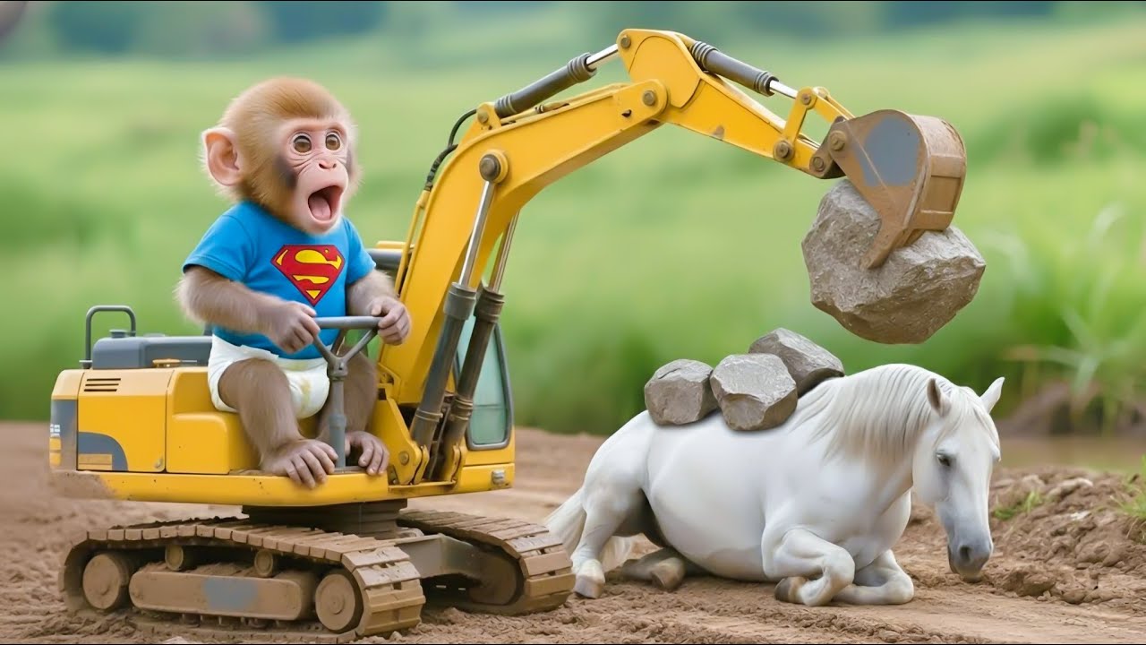 Monkey Farmer Drives Excavator to Rescue a Horse from a Deadly Falling Rock! 😱🔥