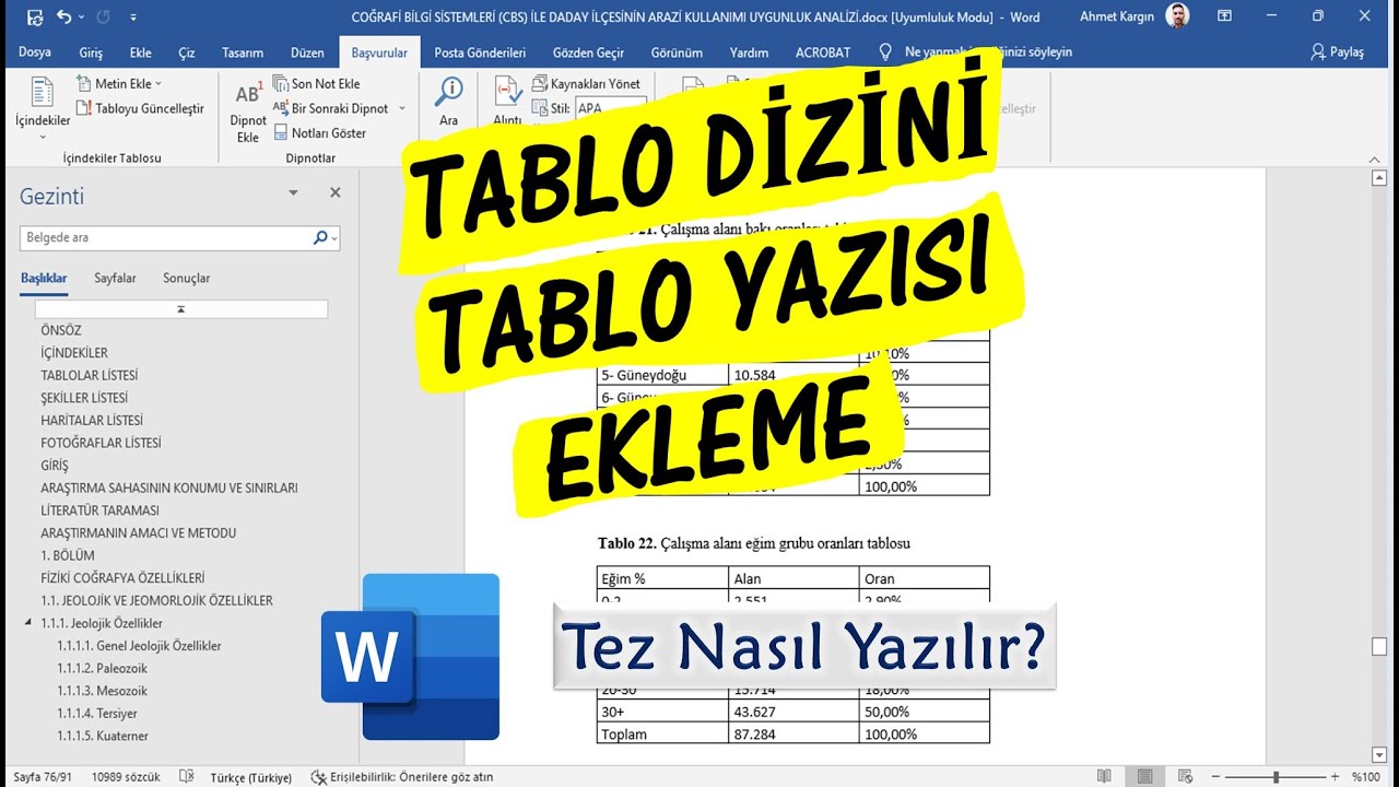 Tablo Yazısı Ekleme ve Tablo Dizini Oluşturma