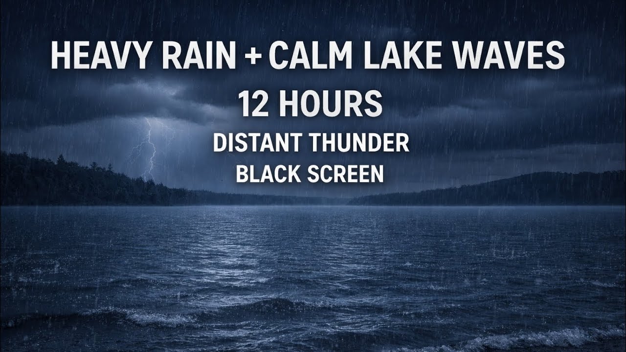 Heavy Rain & Calm Lake Waves with Distant Thunder (12 Hours) | Black Screen