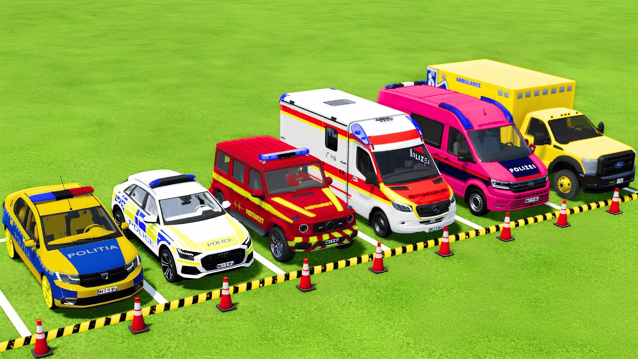 POLICE CARS, FIRE DEPARTMENT, AMBULANCE VEHICLES TRANSPORTING WITH MAN TRUCKS ! Farming Simulator 22