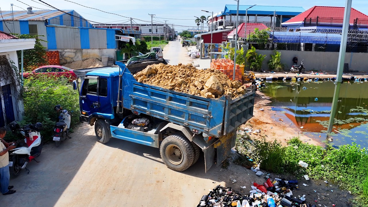 Start Landfill New Project !! Dump Truck Unloading & Bulldozer Komatsu D20P Push Stone & soil skill