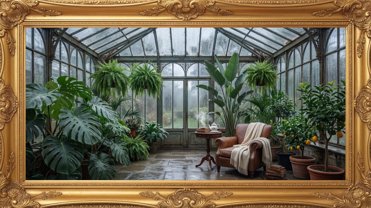 Rainy Greenhouse Sanctuary | 4K Cozy Conservatory | Luxury Gold Frame TV Art
