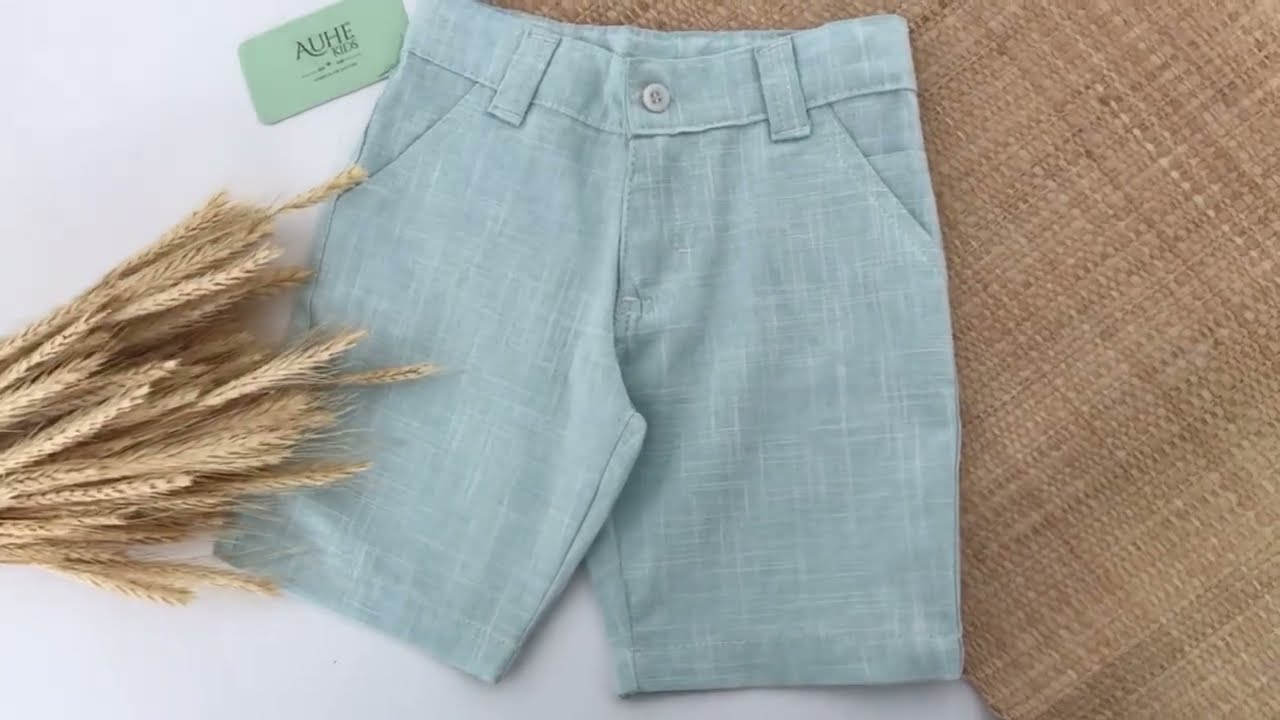 Bermuda em Tecido Flam&ecirc; Textura Linho Verde Beb&ecirc; Infantil Masculina Festas Menino Casamento