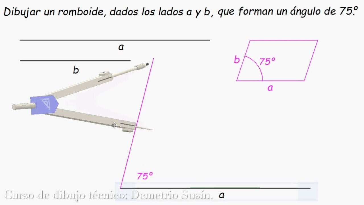 Dibujar un romboide conocidos sus lados a y b, que forman un ángulo de 75º. Paso a paso, fácil.
