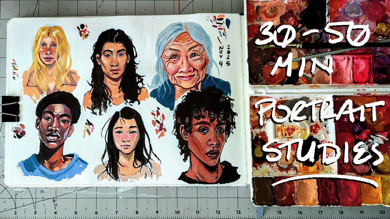 6 Portrait Studies in my Sketchbook | Sketching and Painting process (no music, no talking)