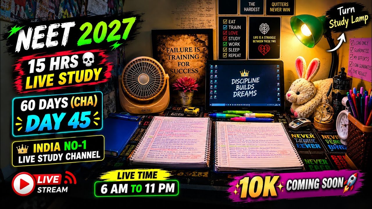 📚 NEET 2027 STUDY MARATHON | 15 HOURS LIVE | Focus Mode ON 🔥STUDY WITH ME DAY 45 #studywithme #neet