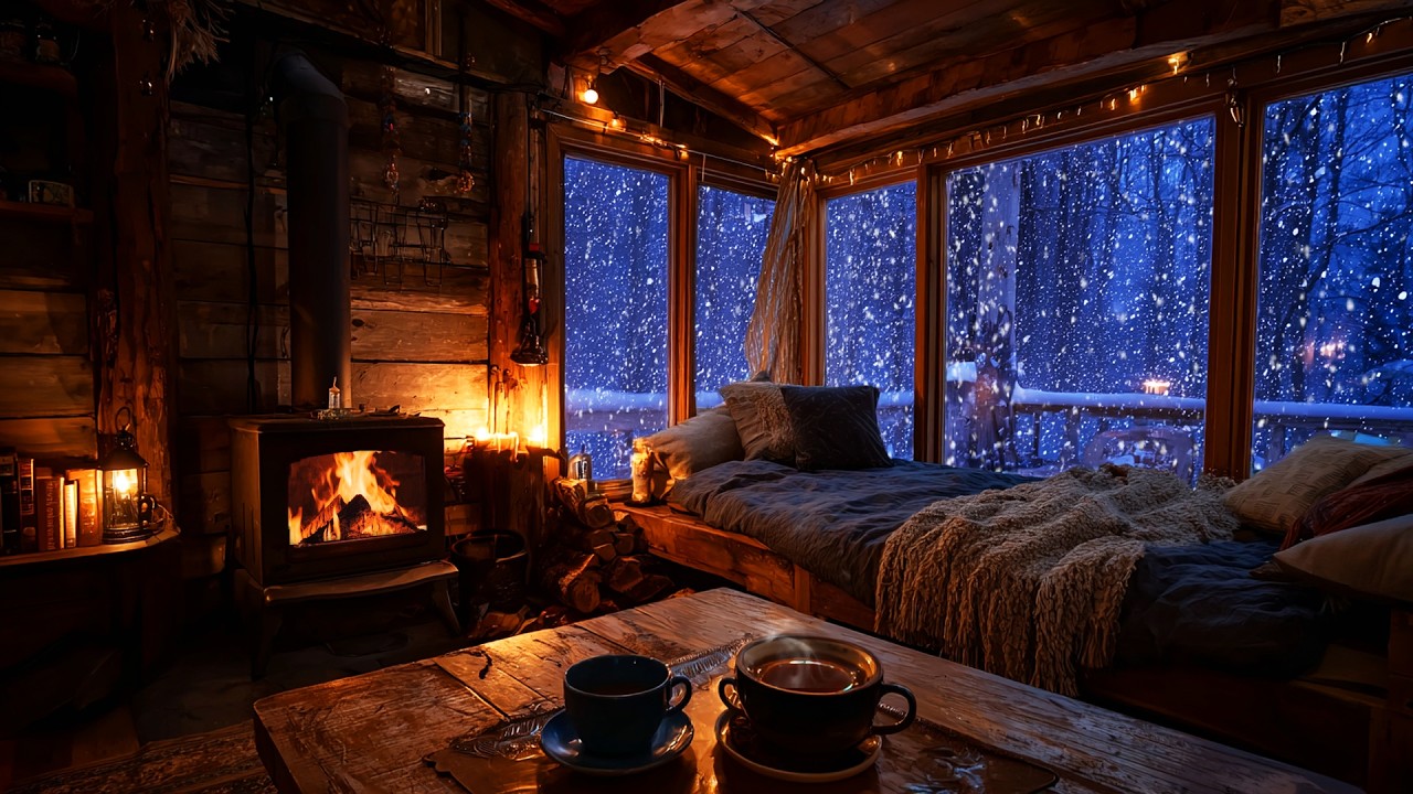 Snow Falling Outside Warm Log Cabin ❄️ | Fireplace Glow for Calm Sleep (NO ADS)