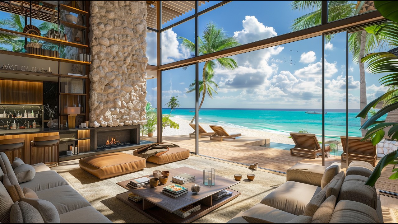 Relaxing Lounge Jazz for Reading & Focus | Beachfront Fireplace Ambience