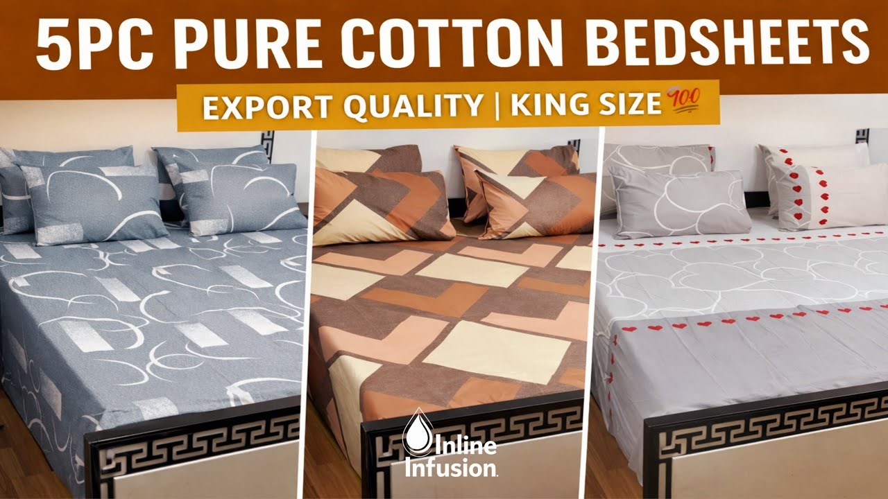 5PC Export Quality Pure Cotton Double Bedsheets 🛍️ | King Size Collection @InlineInfusion