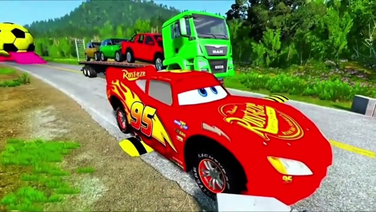 Double Flatbed Truck  / Transportation with Truck / MCQUEEN vs 7Car #22 / BeamNG Gao Drive