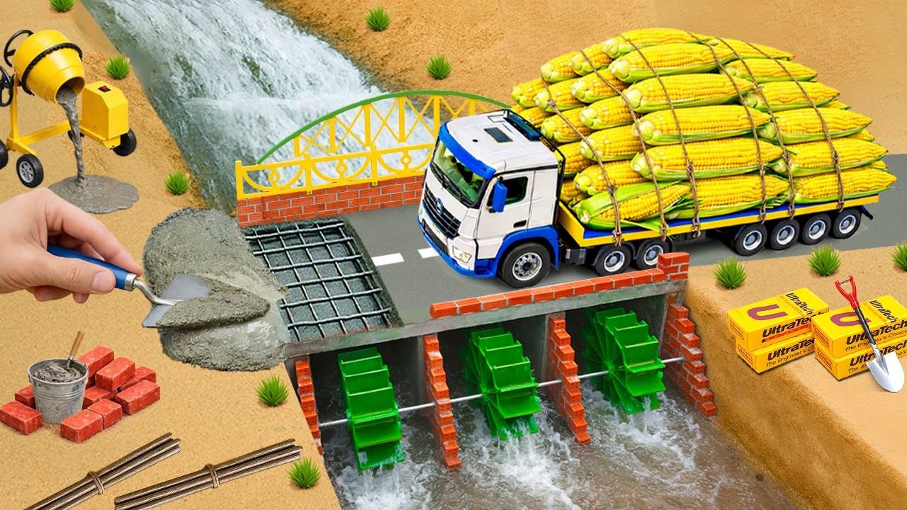 DIY Mini Tractor Builds a Heavy Load Brick Bridge with 3 Water Wheels | Science Project
