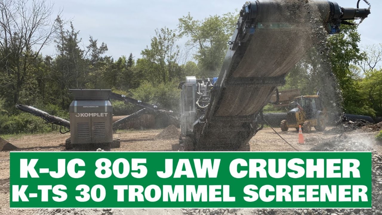 K-JC 805 Jaw Crusher & K-TS 30 Rotary Trommel Screener Recycling Old Concrete into Four End-Products
