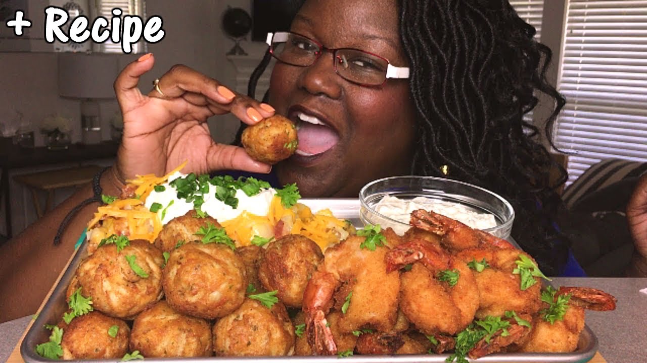 FRIED SHRIMP, CRAB BALLS AND LOADED POTATOES STORYTIME 18:10 먹방 MUKBANG + RECIPE