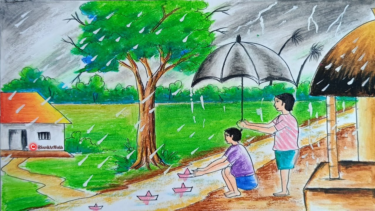 How to Draw Rainy season / Rainy Season Drawing / বর্ষাকালের দৃশ্য আঁকা / বর্ষাকালের দৃশ্য