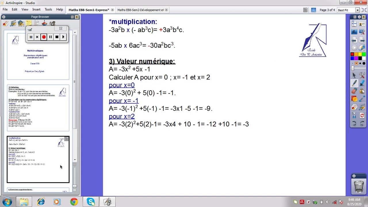 Maths EB8 - Rappel EB7: Expressions Algébriques