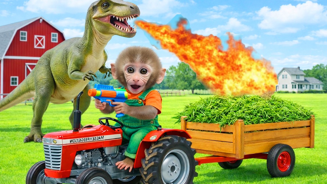 Bim Bim monkey family fights the T Rex dinosaur