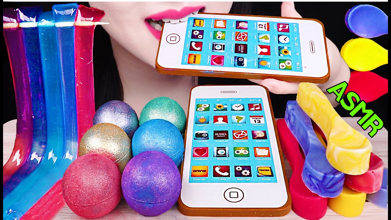 ASMR EDIBLE iPHONE, PLANET GUMMY, EDIBLE SPOON, JELLY NOODLES 먹는 아이폰, 먹는 숟가락, 젤리 먹방 EATING SOUNDS