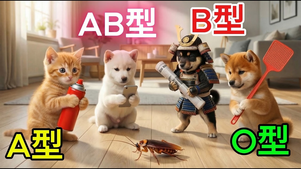 【血液型あるある】 ゴキブリに遭遇して本当に怒ったときの反応の違い。🐱💢【四季ねこ】【オレンジ色の猫と柴犬の家族】