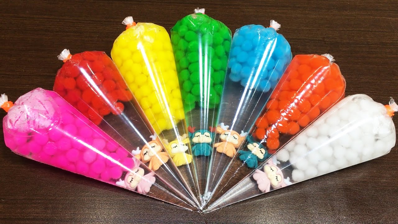Making POM POMS Sime and CHARM with PIPING BAGS | ASMR Slime Videos #1192