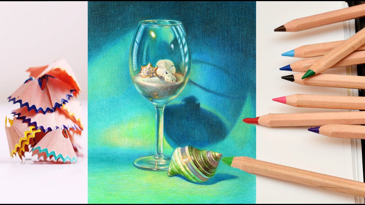 How to draw wine glass and seashells in colored pencil drawing tutorial