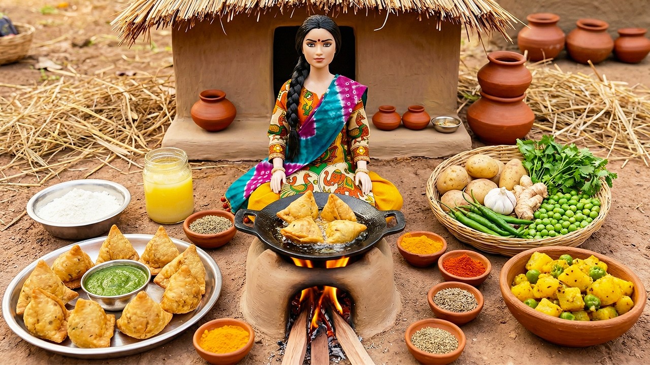 Miniature Doll Girl Makes Aloo Matar Samosa for Neighbors | Indian Village Tiny Kitchen ASMR Story