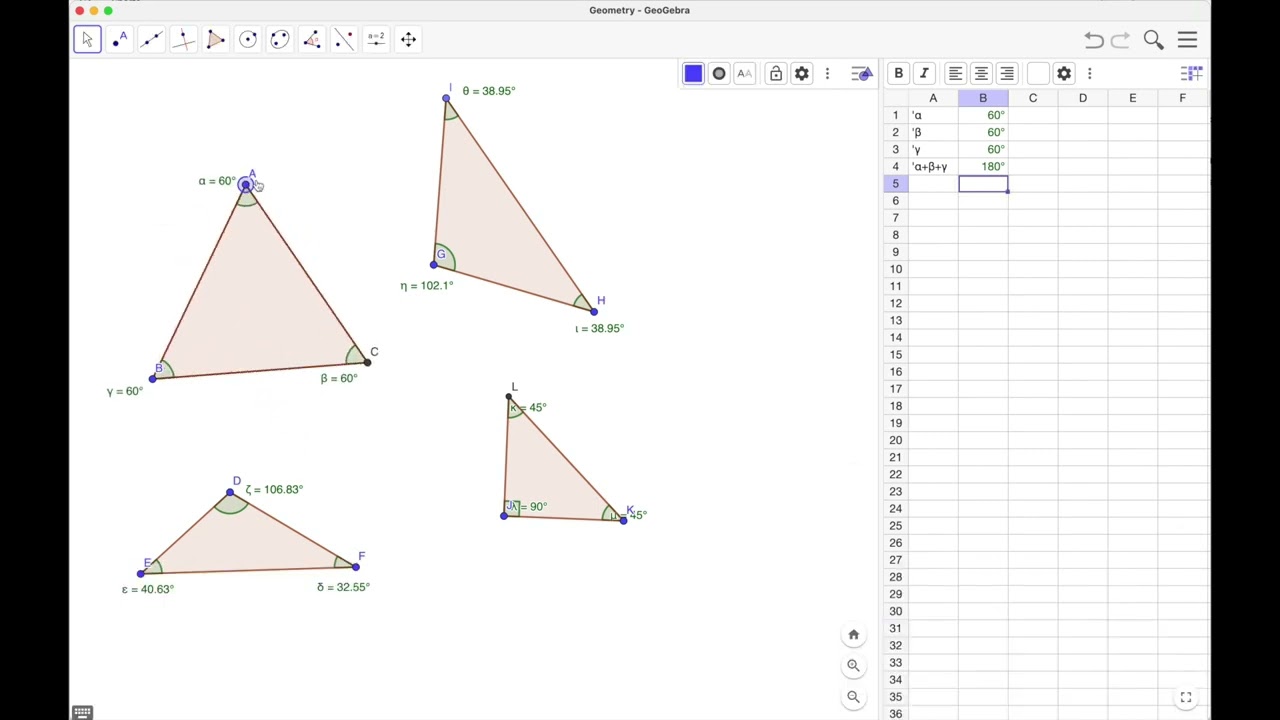 Sum of interior angles of triangles with Geogebra