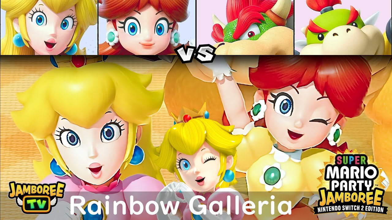 Super Mario Party Jamboree TV Peach and Daisy vs Bowser and Bowser Jr in Rainbow Galleria