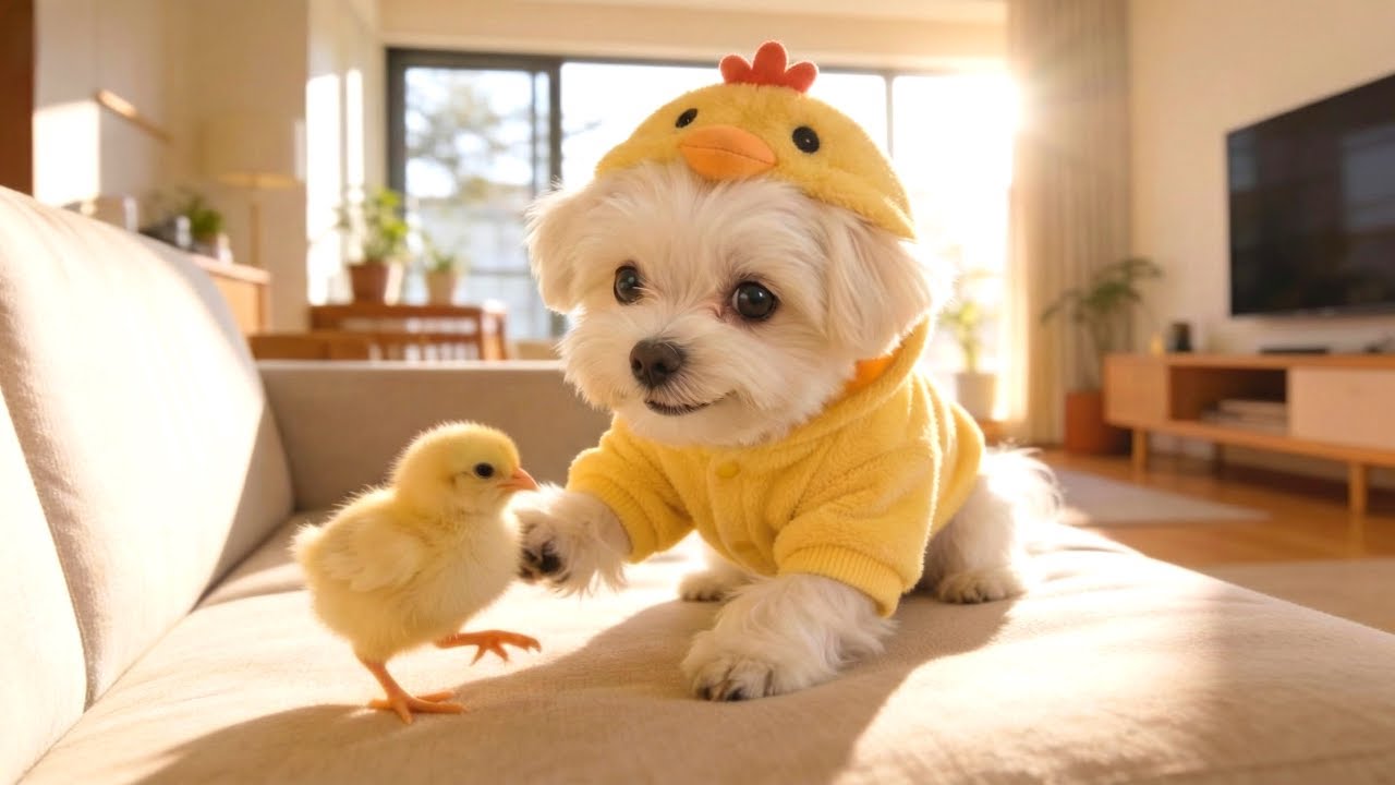 A Happy Time with a Puppy and a Chick