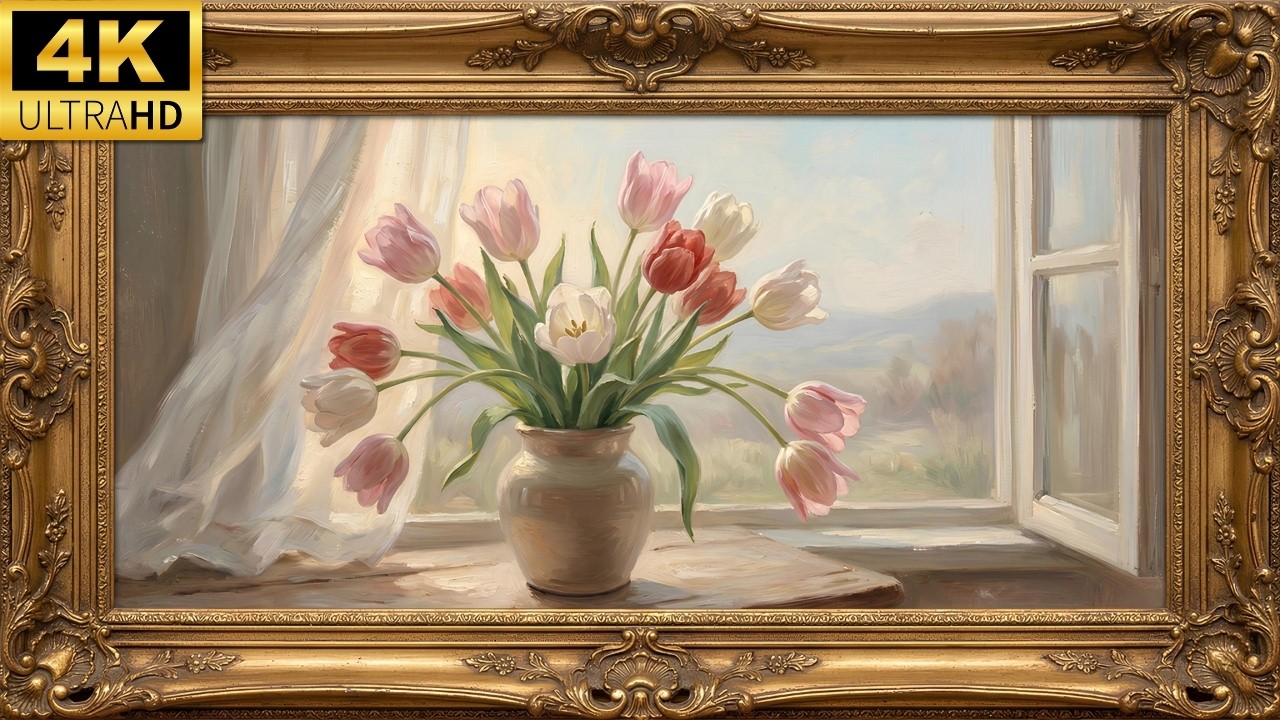 Romantic Pink Tulips in Porcelain Vase | Spring Floral Painting | Frame TV Art | 4K UHD Screensaver