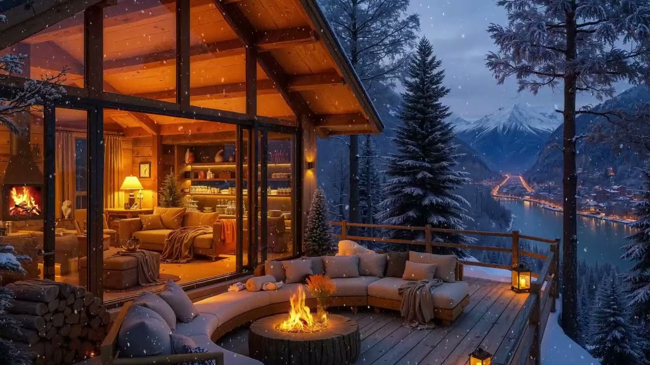 Cozy Snowy Cabin Ambience ❄️ Fireplace Crackle, Smooth Jazz & Falling Snow for Deep Sleep