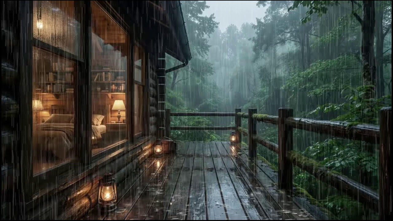 Calming rain near a forest cabin, slow rain rhythms for peaceful sleep support and insomnia rest
