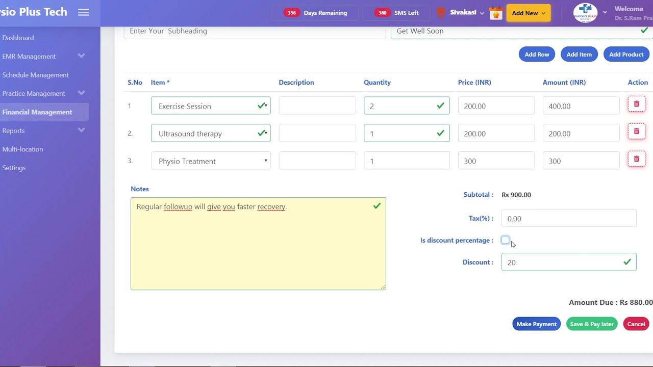 How to make a bill : Physiotherapy Clinic Management Software : Physio Plus Tech