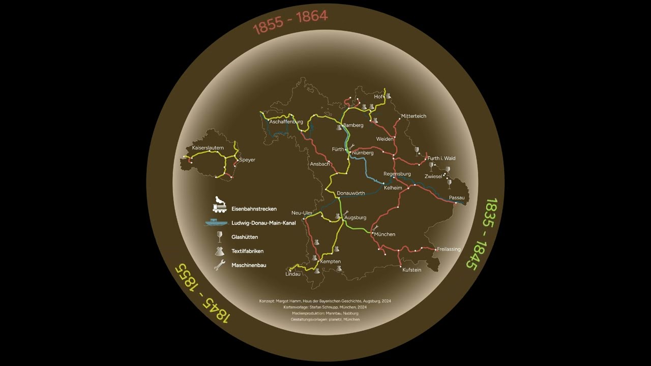Eisenbahnnetz und Ludwig-Donau-Main-Kanal im Königreich Bayern – von 1835 bis 1864