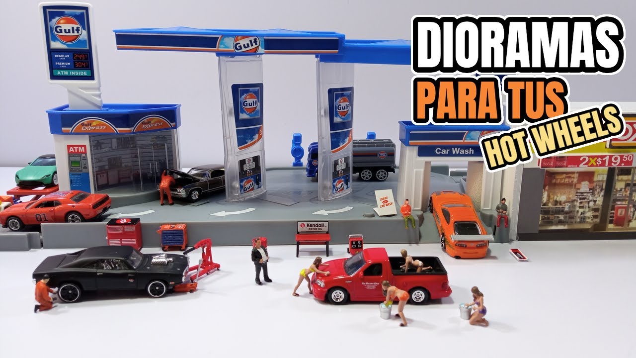 DIORAMA DE UNA ESTACIÓN DE SERVICIO DE GULF Y FIGURAS PARA TUS HOT WHEELS BIKINI CAR WASH
